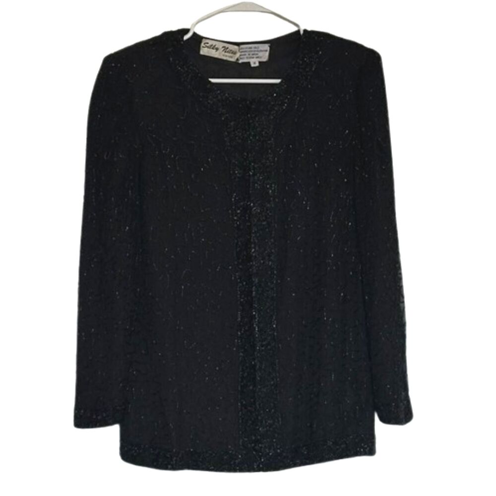 Vintage Silky Nites NY Beaded Pure Silk Blouse Jacket Small Formal Cocktail 90s